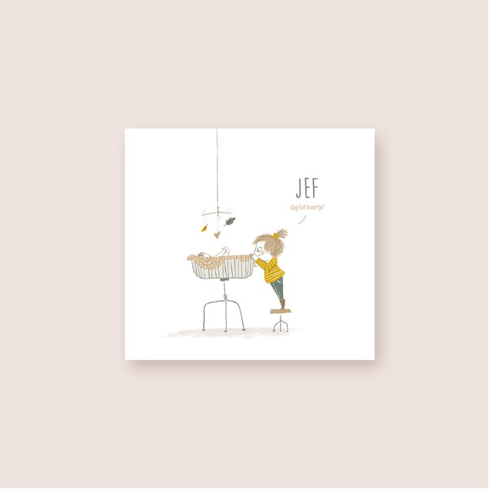 Geboortekaartje met wiegje, mobiel en broer of zus • JEF