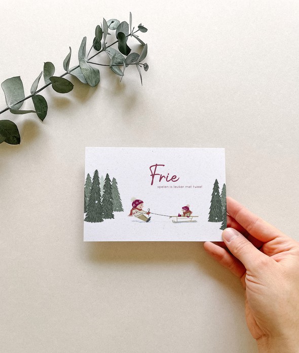 Geboortekaartje winterthema slee met kindjes • A6 postkaart • FRIE