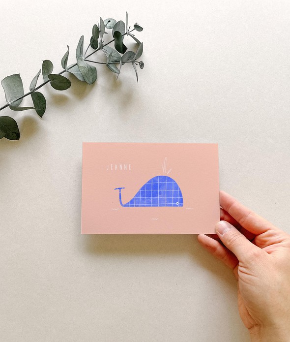 Geboortekaartje minimalistisch met walvis en golfjes • A6 postkaart • JEANNE